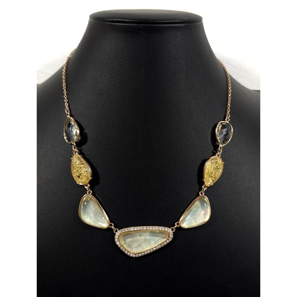 Boho Yellow Gold Tone Cabochon Beige Champagne Statement Crystal Necklace 21 in
